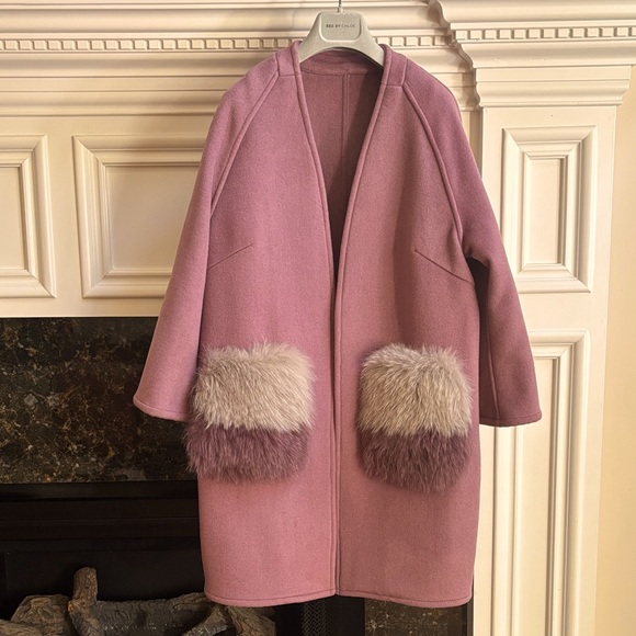 Benelle 100% Genuine Fox Fur Pockets Cashmere Wool Blend MIDI Jacket Coat Sz.XS